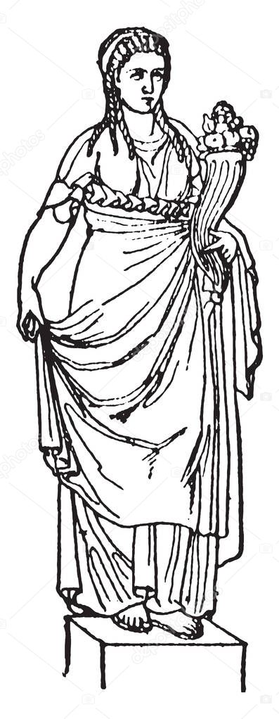 A lady standing on the raised platform. Known as Abundantia in ancient Roman religion and is considered to be goddess of abundance, vintage line drawing or engraving illustration.