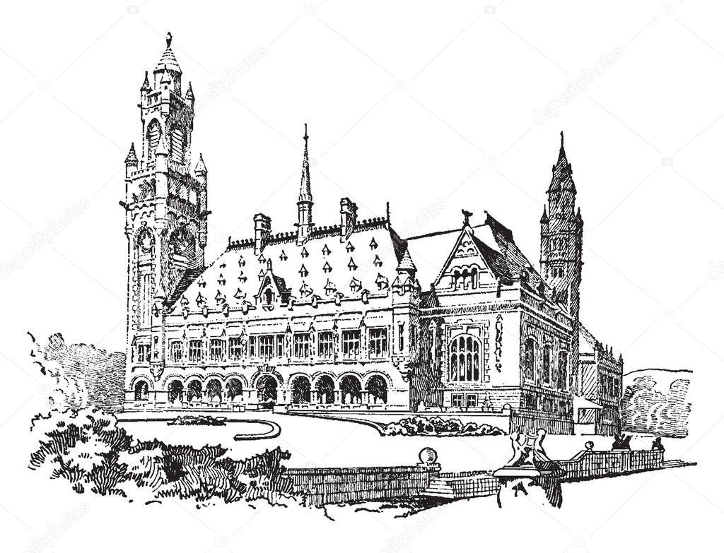 The Peace Palace at the Hague Tribunal and for international conferences, vintage line drawing or engraving illustration.