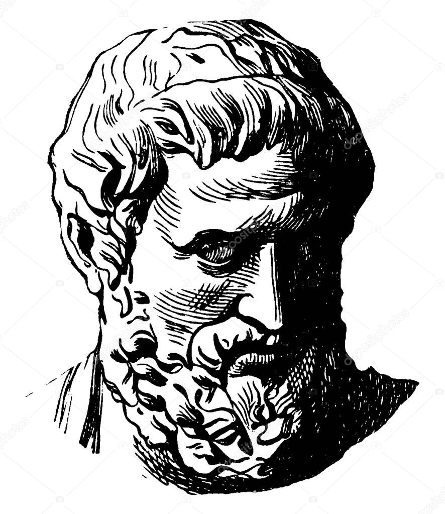 Sophocles, c.496-406 BC, he was a tragic playwright of ancient Greece who wrote many famous plays Ajax, Antigone, The Women of Trachis, Oedipus Rex, Electra, Philoctetes and Oedipus at Colonus, vintage line drawing or engraving illustration