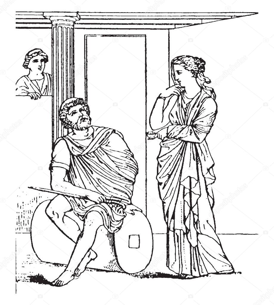 This is a Greek hero in the image. He is sitting outside the house and talking to his children along with his wife, vintage line drawing or engraving illustration.