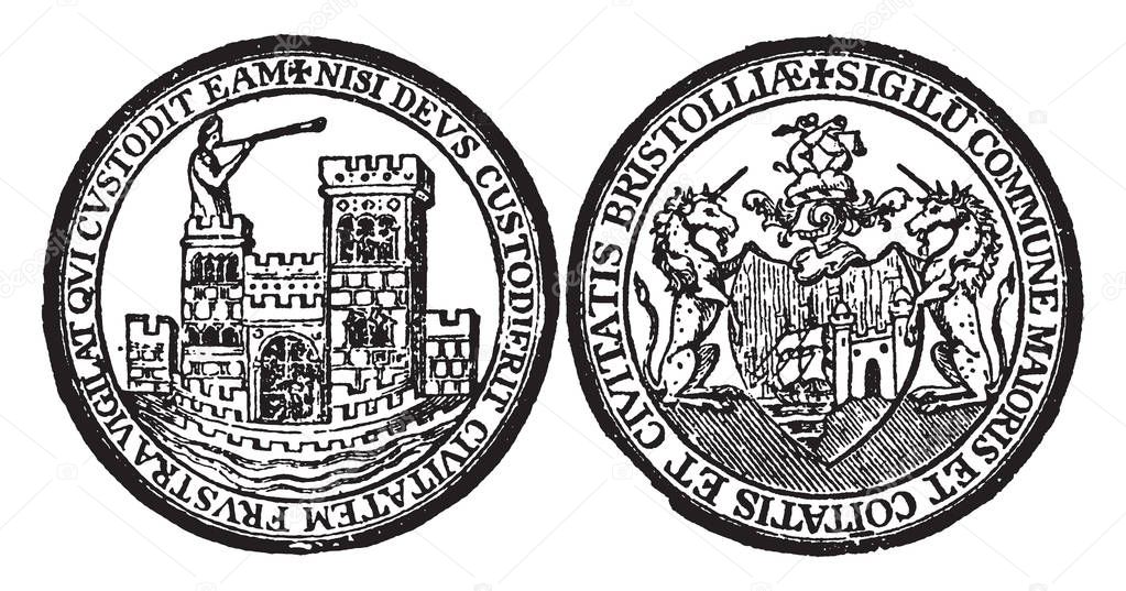 There are two seals representing the city of Bristol, England, one has castle and another has one shield with two standing horses, they have single horn on their heads, vintage line drawing or engraving illustration