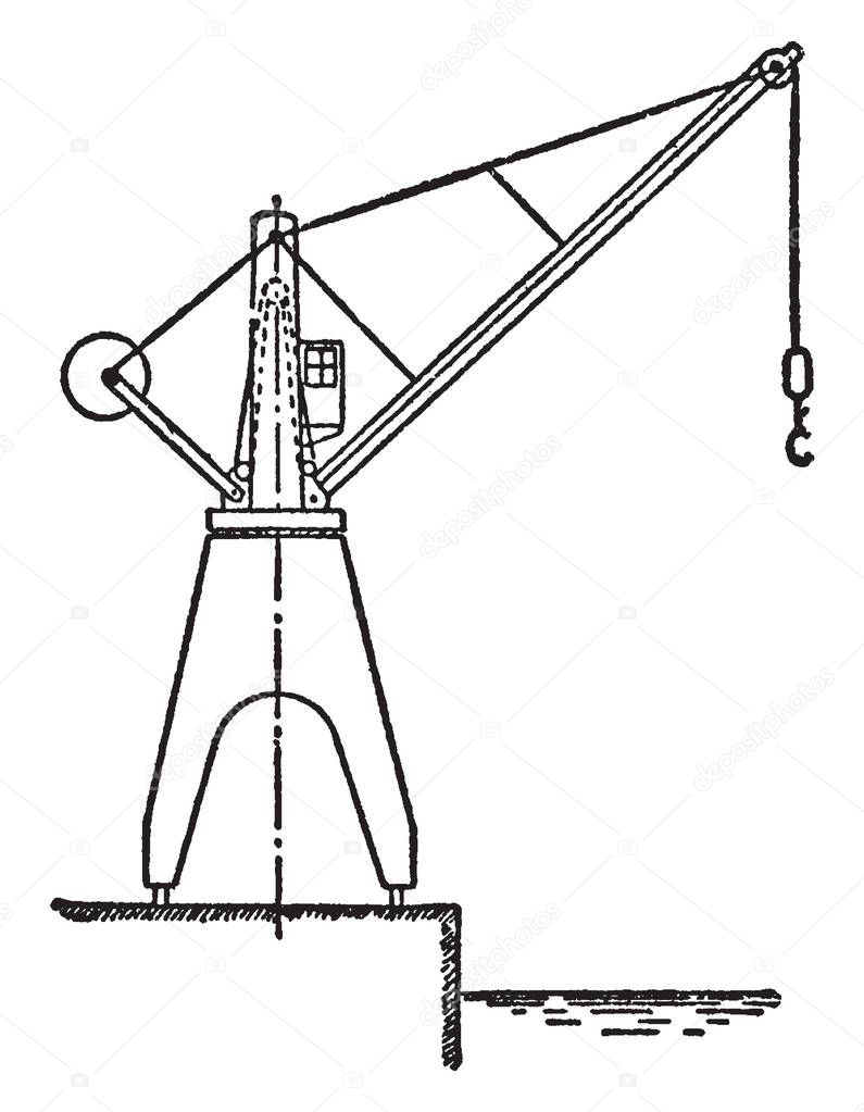 Hydraulic Dockside Jib Crane, used inside workshops, the tallest tower cranes, used for constructing high buildings,  vintage line drawing or engraving illustration.