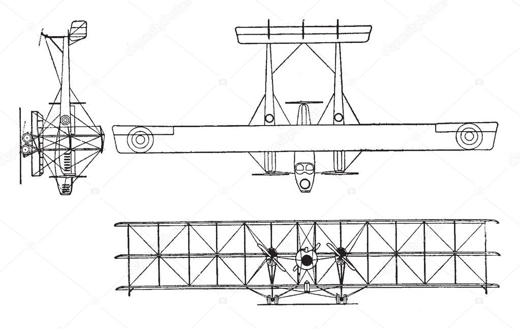 This illustration represents Caproni Type C A 4 Triplane in 1915, vintage line drawing or engraving illustration.