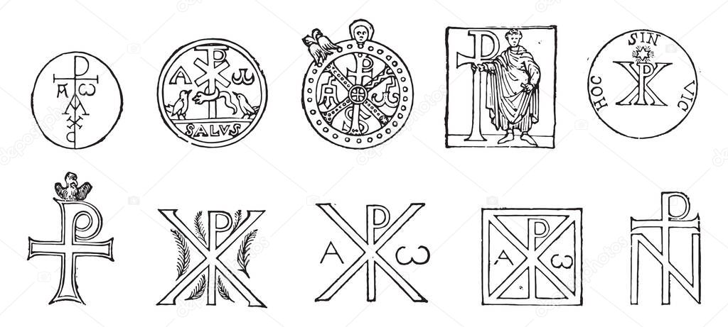 Monograms of Christ, whose origin goes back (except for the first two) in the first centuries of the Church, vintage engraved illustration. Industrial encyclopedia E.-O. Lami - 1875