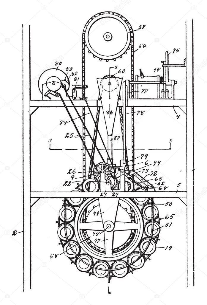 Record Phonography is a mechanical device used to record and reproduce the sound, vintage line drawing or engraving illustration.