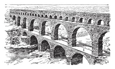 Bir Roma Aqueduct, Güney Fransa antik yönetimdeydi, İmparator Antoninus Pius, vintage çizgi çizme veya oyma illüstrasyon.