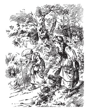Elsa, orman, kız ona sopa ve bir kız ile yaşlı bir kadın bu sahne gösterir, vintage hat çizim veya gravür illüstrasyon