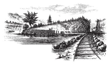 Hudson Nehri, vintage çizgi çizme veya oyma illüstrasyon Beverly Dock görünümünü