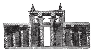 Tapınağı Karnak, Mısır, Thebes, mimari eski eserler, sitenin köyde çeşitli renkli mermerler, kumtaşı, granit, vintage çizgi çizme veya oyma illüstrasyon.