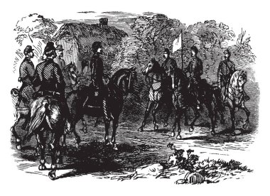 Bayrak bir ateşkes, bu bayrak asker at, bir asker bayrağı elinde tutan, arka plan, vintage çizgi çizme veya oyma illüstrasyon bir evde vardır.