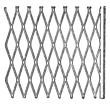 Genişletilmiş Metal sac kesme ve çitler ve Izgaralar ve metalik Tiriz ve, vintage çizgi çizme veya oyma illüstrasyon için yaygın olarak kullanılan normal bir desen oluşturmak için gergin olduğunu.