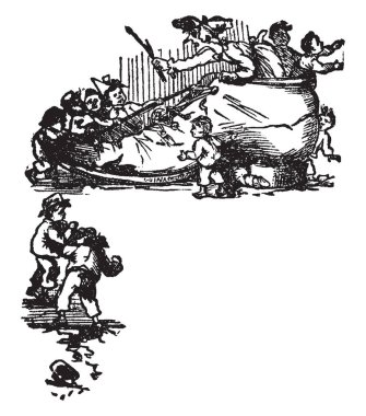 Yaşlı bir bayan ayakkabı, o sopa çocuklarla kim dantel ayakkabı, Ayakkabı, vintage çizgi çizme ayakta veya illüstrasyon oyma bazı çocuklar çekerek azar içinde çocuklu