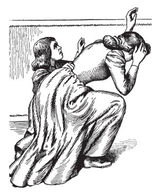 Bir kadın ve vintage çizgi çizme, ıslanma veya illüstrasyon oyma cocuk