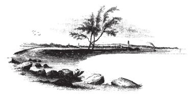 Onun asker, vintage çizgi çizme veya oyma illüstrasyon ile iniş yeri Arnold görünümünü