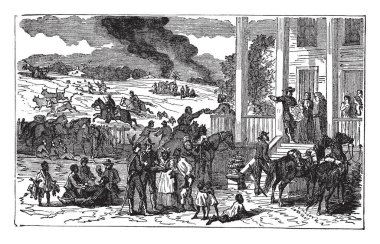 House, vintage çizgi çizme veya oyma illüstrasyon önünde Atlı asker