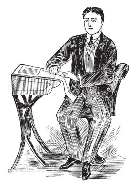 Hattatlık duruş veya sit, kalem konum, uygun duruş, vintage çizgi çizme ve gravür illüstrasyon için doğru duruş