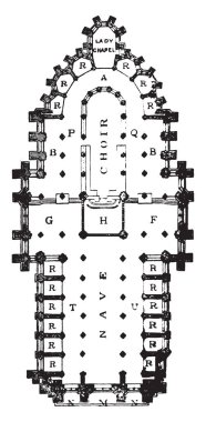 Amiens Katedrali, Apsidal koridor, Merkez kule, Batı kapısı, Kuzey ve Güney rafları NEF, vintage çizgi çizme veya oyma illüstrasyon için.