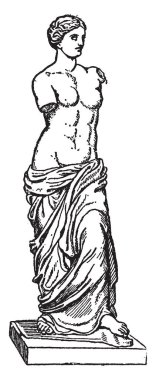 In this image an ancient Greek statue and one of the most famous pieces of ancient Greek sculpture, vintage line drawing or engraving illustration. clipart