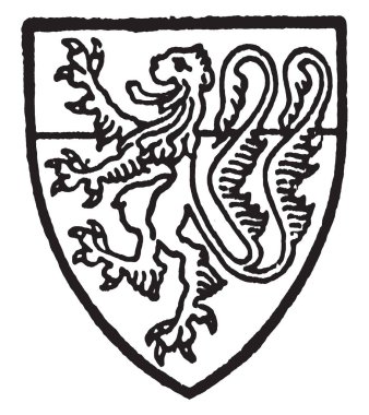 Hastang çap Azure chiefe gules ve bir çatal kuyruk, vintage çizgi çizme veya oyma illüstrasyon ile bir aslan.