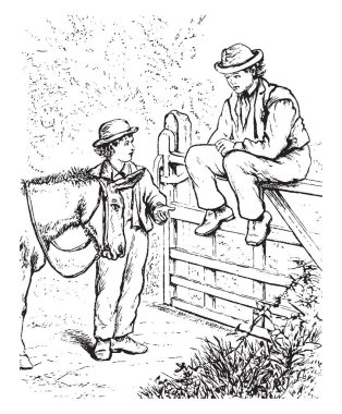 Çocuklar ve eşek, çit, kapı, alan, vintage çizgi çizme veya oyma illüstrasyon