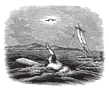 Su, gemi ve arka plan, vintage çizgi çizme veya oyma illüstrasyon uçan kuşlar ahşap tahta üzerinde yüzen bir adam