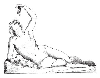 Sculpture represents Bacchus the Greek God of wine eating grapes, vintage line drawing or engraving illustration. clipart