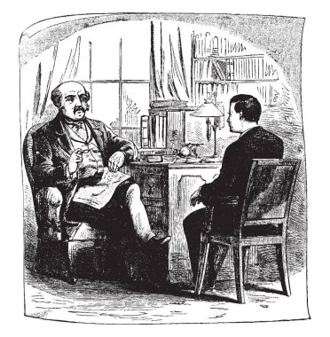 Sandalye üzerinde oturan ve iş, vintage çizgi çizme hakkında tartışmaya veya illüstrasyon oyma iki adam