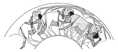 Ulysses ve iki arkadaşı Rams, vintage çizgi çizme veya oyma illüstrasyon altında antik bir resmi.