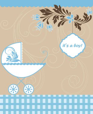 Bebek hediye kartı ve mavi bebek arabası.