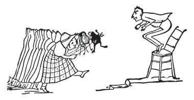 Edward Lear'ın tekerlemeler, bu sahneyi bir adamı sandalyeye gösterir ve yaşlı bir kadın kara kurbağaları, vintage çizgi çizme veya oyma illüstrasyon için itiraz