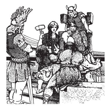 Sol el, koltuğunu, bir kadın ve erkekler, gözü üstünde onların el, vintage çizgi çizme veya oyma resimde iki adam uzun kılıç var üç üzerinde oturan kral tarafından çekiç yükselterek bir küçük adam