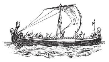 Bayeux Tapestry Sakson gemiden William Normandiya, vintage çizgi çizme veya oyma illüstrasyon karşılamak için başlamadan ordusunu gösteren Kral Harold GOBLEN doğru yarısıdır.