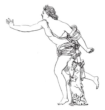 Müzik, peşinde bir Yunan tanrısı çizimi poz, vintage çizgi çizme veya oyma illüstrasyon.