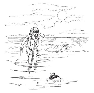 Bir kız bir yengeç korkmak ve Okyanusu, vintage çizgi çizme yakın suda ayakta orada ağlıyor veya illüstrasyon oyma.