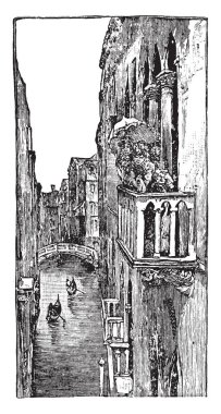 Venedik balkon duvar, bina, overlook, sahne, pencere, vintage çizgi çizme veya oyma illüstrasyon projelendirme.