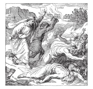 A picture of Elijah and some Prophets of the Baal, where Elijah is slaying the Prophets of the Baal with his sword, vintage line drawing or engraving illustration. clipart