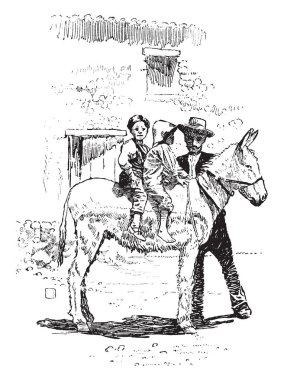 Bu resimde eşek ve çocuklar, vintage çizgi çizme veya oyma illüstrasyon temsil eder.