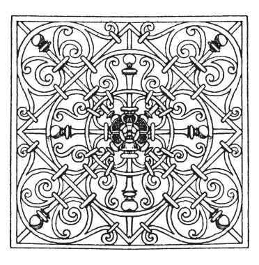 George Klain, vintage çizgi çizme veya oyma illüstrasyon tarafından yapılan dövme demir kare Panel Tasarım.