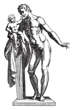 Hermes, Olimpos tanrısı Dionysos, vintage çizgi çizme veya oyma illüstrasyon çocuk ile gösterilen habercisi.