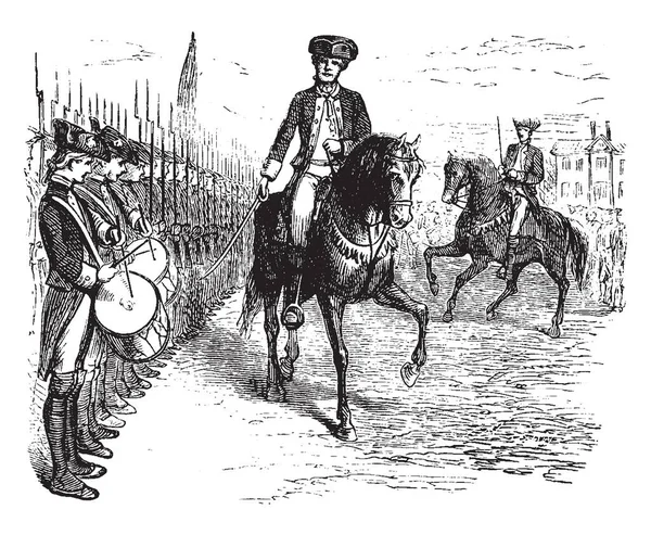 ジョージ ワシントン アメリカの政治家および兵士のケンブリッジ ビンテージの線画で軍の指揮を取るか またはイラストを彫刻 — ストックベクタ
