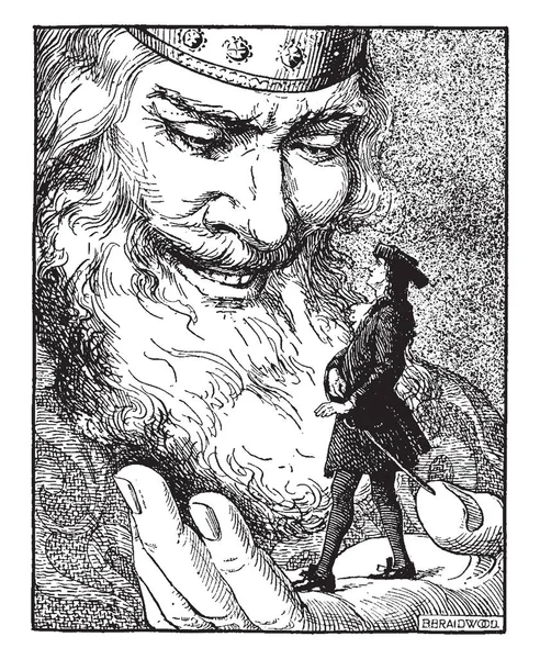 格列佛和国王 这一幕显示 一个巨人看着站在手上的小人物 复古的线条画或雕刻插图 — 图库矢量图片