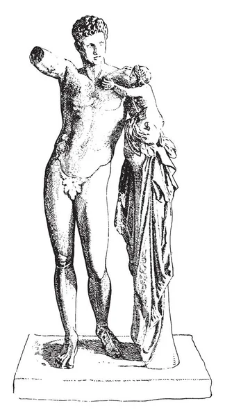ギリシャ人の宗教 ビンテージの線の描画や彫刻イラストのオリンピアの神としても知られている神々 の使者プラクシテレスのヘルメスの像 — ストックベクタ