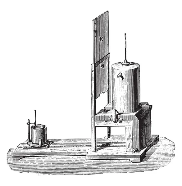 ビンテージの刻まれた図の体の比熱を決定する装置 Regnault 産業百科事典 1875 — ストックベクタ
