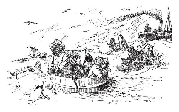 Животные Сидящие Мисках Плавающие Воде Которые Привязаны Судну Воде Рисунок — стоковый вектор