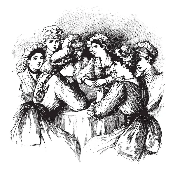 Grupo Damas Sentadas Mesa Hablando Dibujo Línea Vintage Ilustración Grabado — Vector de stock