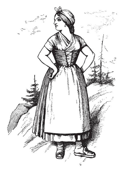 A woman standing with her hands on her hips, vintage line drawing or engraving illustration