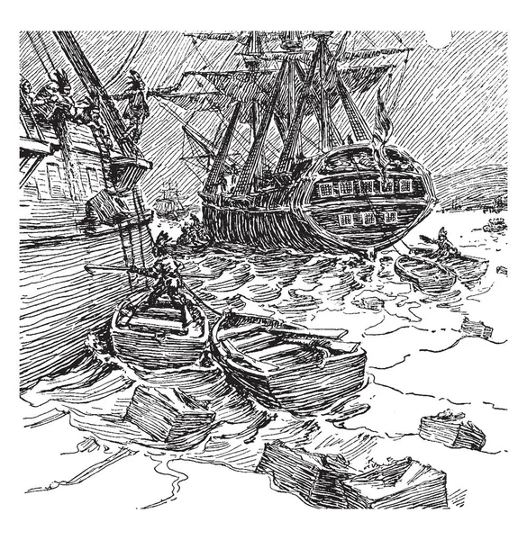 Boston Tea Party Vintage Lijntekening Gravure Illustratie — Stockvector