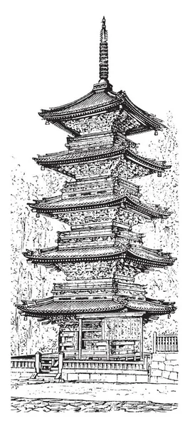パゴダは中国とさらに多くの精巧な木彫り ヴィンテージの線画や彫刻イラストに似ています — ストックベクタ