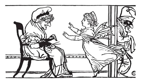 Пунчинелло Сцена Показывает Старуху Сидящую Стуле Ребенка Бегущего Ней Старика — стоковый вектор