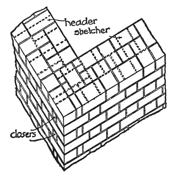 Mattoni Vincolo Fiammingo Uno Angolo Taglio Intestazione Disegno Linee Vintage — Vettoriale Stock